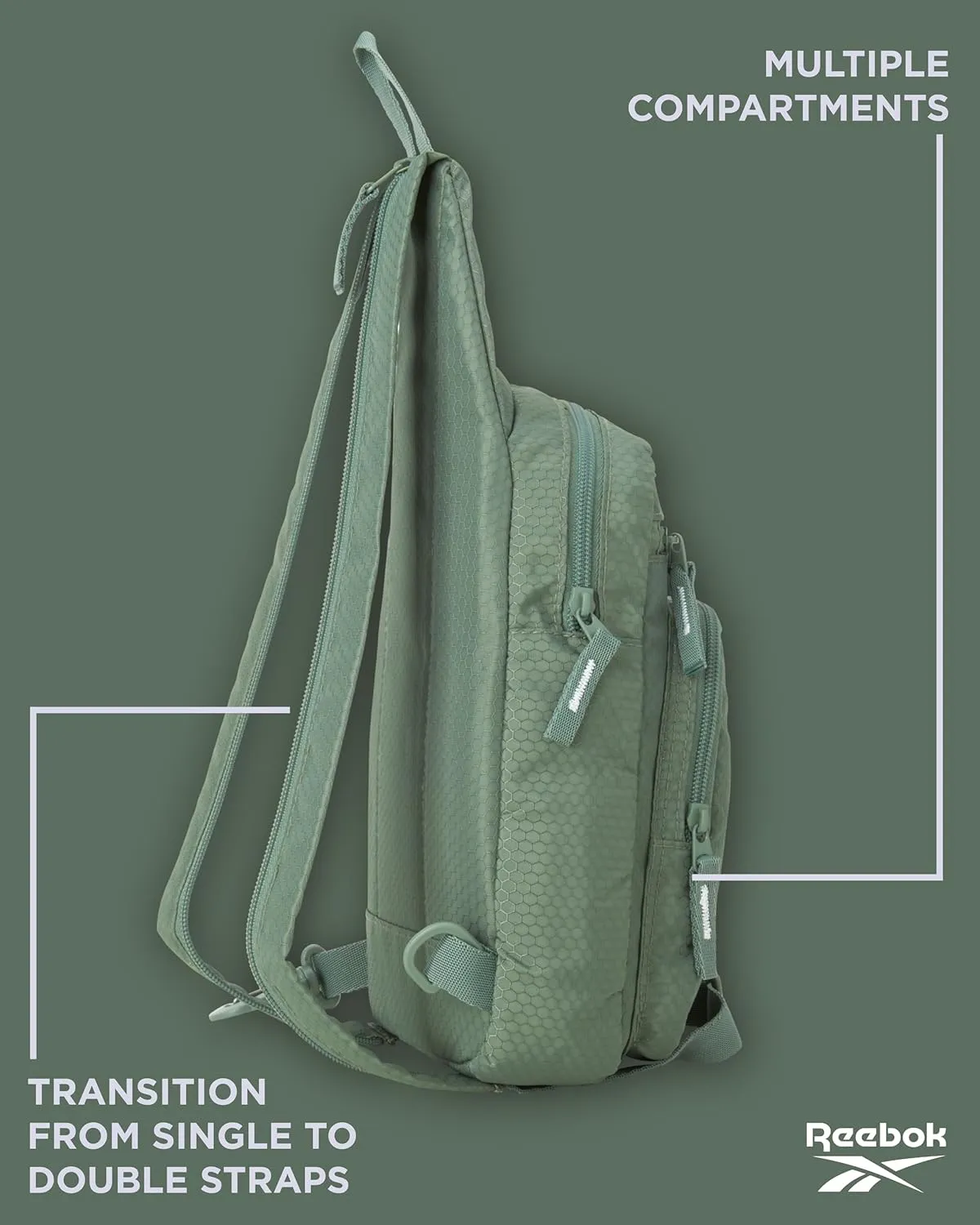 Reebok Men and Womens Crossbody Bag - Small Cross Body Bags for Women Backpack with Adjustable Strap for Travel and Gym, Green Cosmos
