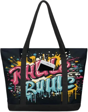 Render Letter Doodle Tote Bag for Women Work Canvas Travel Tote Bags with Zipper Large Capacity Casual Handbag with Inner Pockets Reusable Shopping Shoulder Bag for Teacher Nurse