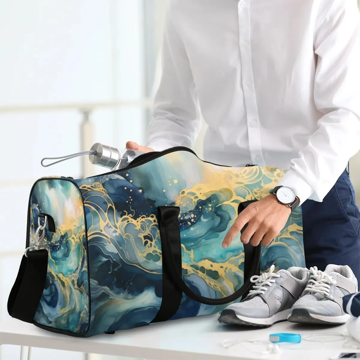 Retro Marble Pattern Travel Duffel Bag for Women Men Waterproof Foldable Overnight Weekender Bag Large Capacity Sports Gym Bag
