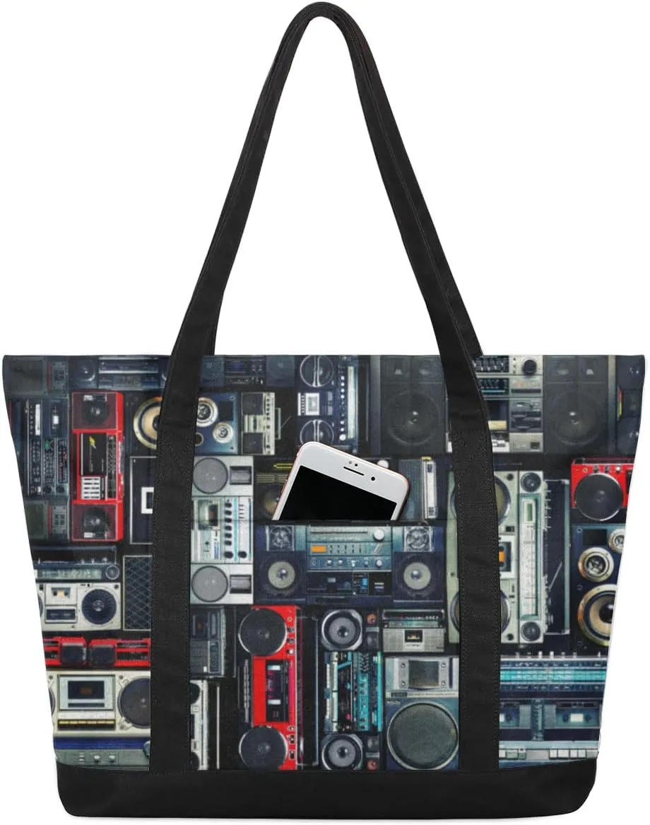 Retro Music Audio Tote Bag Tote Bag for Women Reusable Grocery Shopping Cloth Bags with Zipper Large Capacity Foldable Handbag Gym Bag for Gift Activity