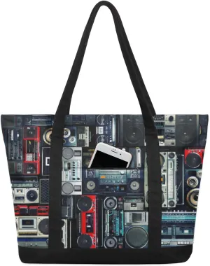 Retro Music Audio Tote Bag Tote Bag for Women Reusable Grocery Shopping Cloth Bags with Zipper Large Capacity Foldable Handbag Gym Bag for Gift Activity