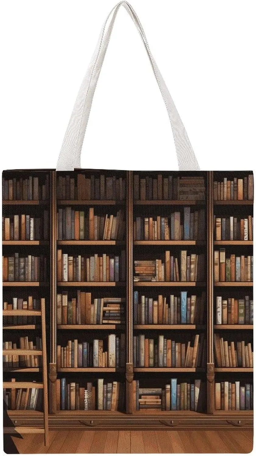 Reusable Grocery Bags Library Bookshelf Shopping Bag Lightweight Shoulder Bags Large Tote Bag for Travel Work Handbag