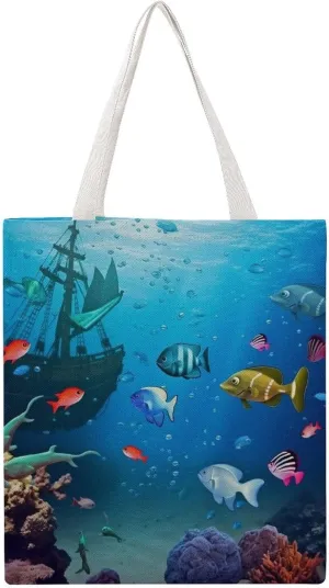 Reusable Grocery Bags Ocean Underwater Fish Shopping Bag Lightweight Shoulder Bags Large Tote Bag for Travel Work Handbag