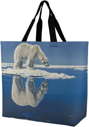 Reusable Grocery Bags Standing on Ice Floe Shopping Bag Lightweight Shoulder Bags Large Tote Bag for Travel Work Handbag
