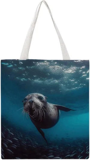 Reusable Grocery Bags Underwater Sea Lion Shopping Bag Lightweight Shoulder Bags Large Tote Bag for Travel Work Handbag