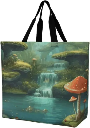 Reusable Grocery Bags View of Fantasy River with Pond And Fishes Mushroom in Jungle Trees Shopping Bag Lightweight Shoulder Bags Large Tote Bag for Travel Work Handbag