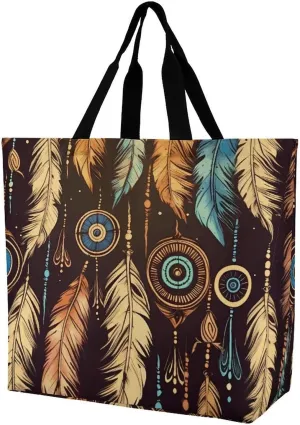 Reusable Grocery Bags Vintage Ethnic Tribal Feather Shopping Bag Lightweight Shoulder Bags Large Tote Bag for Travel Work Handbag