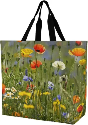 Reusable Grocery Bags Wild Flowers And Grass Shopping Bag Lightweight Shoulder Bags Large Tote Bag for Travel Work Handbag
