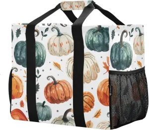 Reusable Grocery Bags with Reinforced Handles & Side Pockets, Autumn Harvest Pumpkin Waterproof Beach Tote Bag Large Foldable Handbags for Shopping, Travel, Gym
