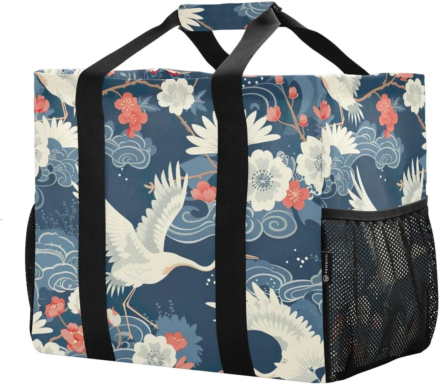 Reusable Grocery Bags with Reinforced Handles & Side Pockets, White Crane Waterproof Beach Tote Bag Large Foldable Handbags for Shopping, Travel, Gym