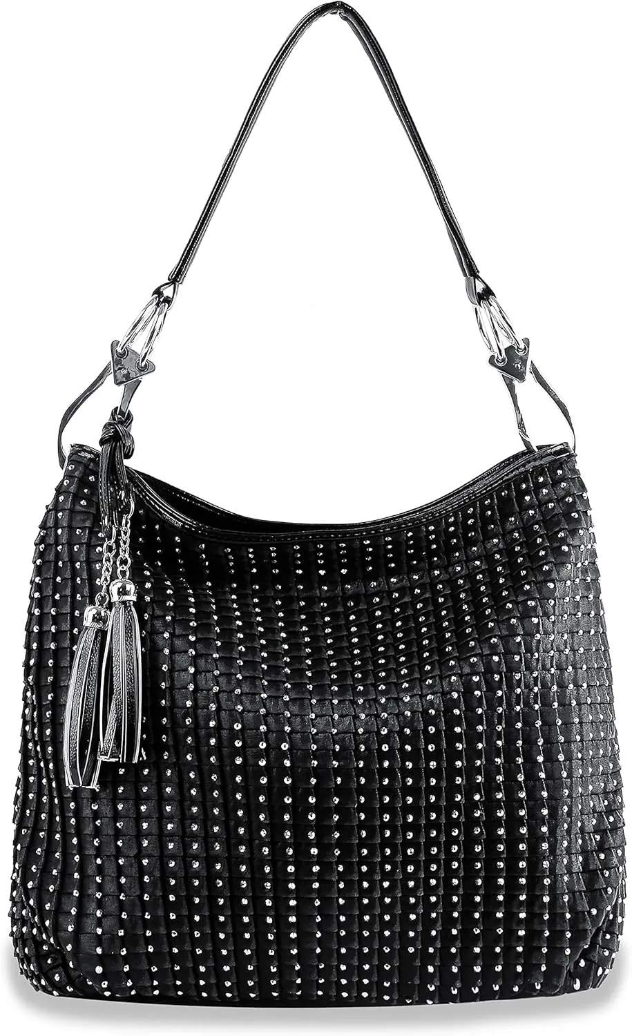 Rhinestone Accent Studded Vegan Leather Pleated Hobo Tote Handbag Shoulder Bag