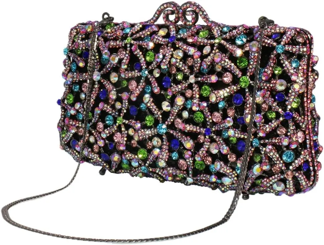 Rhinestone Flower Clutch for Women Sparkling Starfish Glowing Handbag Dazzling Party Banquet Crossbody Purse