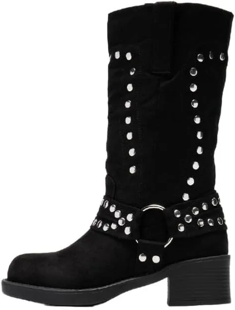 Richealnana Women's Motorcycle Boots Studded Faux Suede Biker Riding Chunky Heel Round Toe Moto Boots
