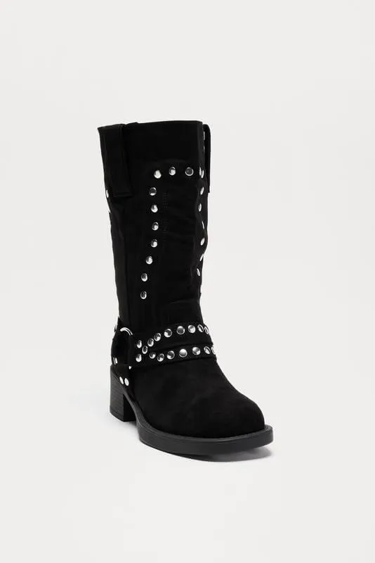 Richealnana Women's Motorcycle Boots Studded Faux Suede Biker Riding Chunky Heel Round Toe Moto Boots