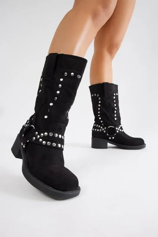 Richealnana Women's Motorcycle Boots Studded Faux Suede Biker Riding Chunky Heel Round Toe Moto Boots
