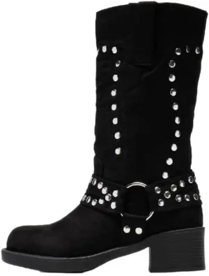 Richealnana Women's Motorcycle Boots Studded Faux Suede Biker Riding Chunky Heel Round Toe Moto Boots