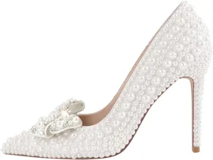 richealnini Pearl Heels for Women Slip on Diamond Bows Pumps Pointed Toe Stiletto High Heels Party Wedding Shoes