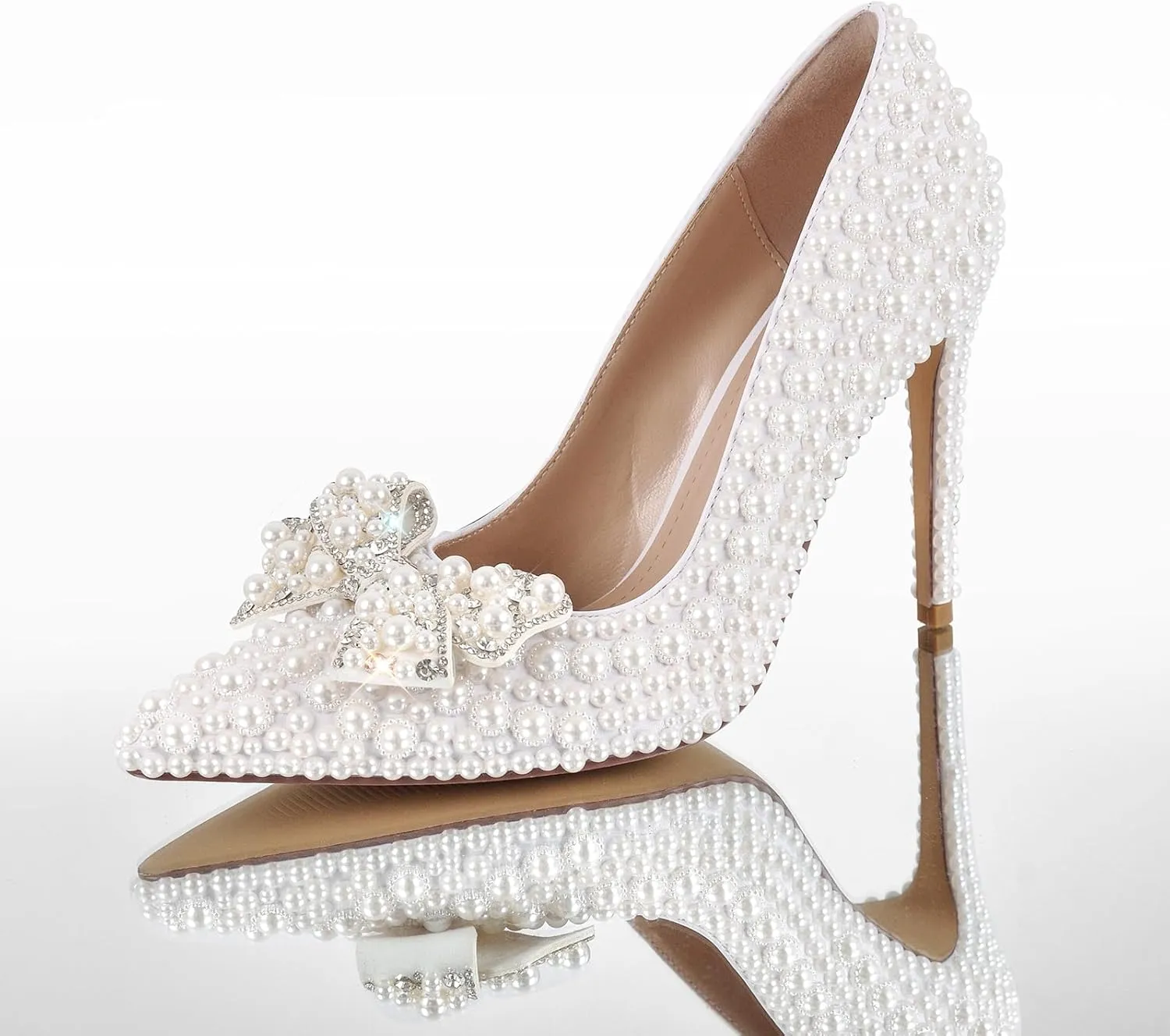richealnini Pearl Heels for Women Slip on Diamond Bows Pumps Pointed Toe Stiletto High Heels Party Wedding Shoes