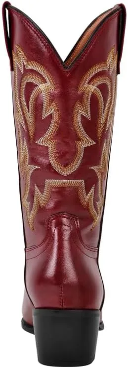 richealnini Women's Cowgirl Cowboy Boots Pull On Tab Embroidered Mid Calf Booties Western Boots in Denim