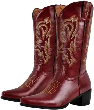 richealnini Women's Cowgirl Cowboy Boots Pull On Tab Embroidered Mid Calf Booties Western Boots in Denim