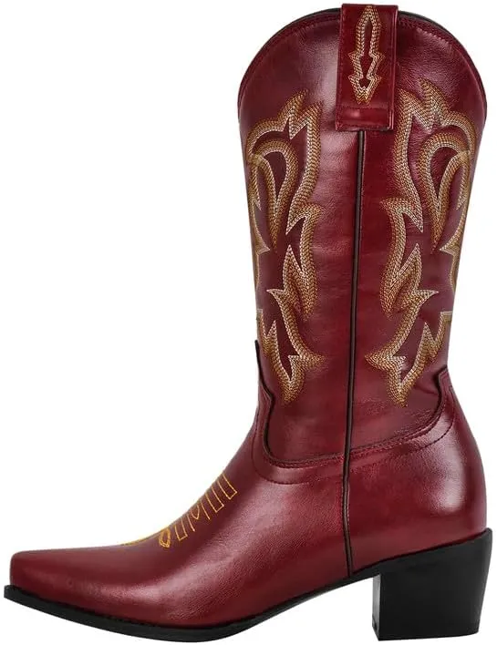 richealnini Women's Cowgirl Cowboy Boots Pull On Tab Embroidered Mid Calf Booties Western Boots in Denim