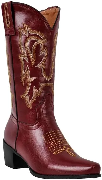 richealnini Women's Cowgirl Cowboy Boots Pull On Tab Embroidered Mid Calf Booties Western Boots in Denim