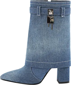 richealnini Women's Embroidered Cowboy Boots Pull On Mid Calf Boots Block Heel Denim Cowgirl Boots