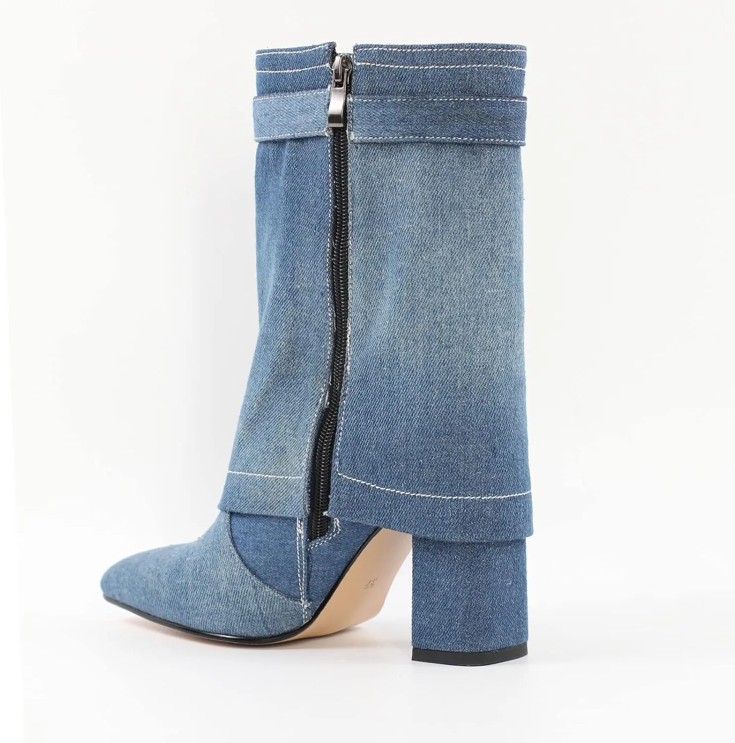 richealnini Women's Embroidered Cowboy Boots Pull On Mid Calf Boots Block Heel Denim Cowgirl Boots