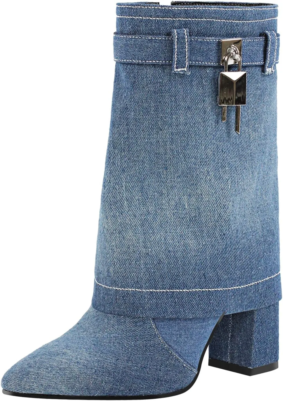 richealnini Women's Embroidered Cowboy Boots Pull On Mid Calf Boots Block Heel Denim Cowgirl Boots
