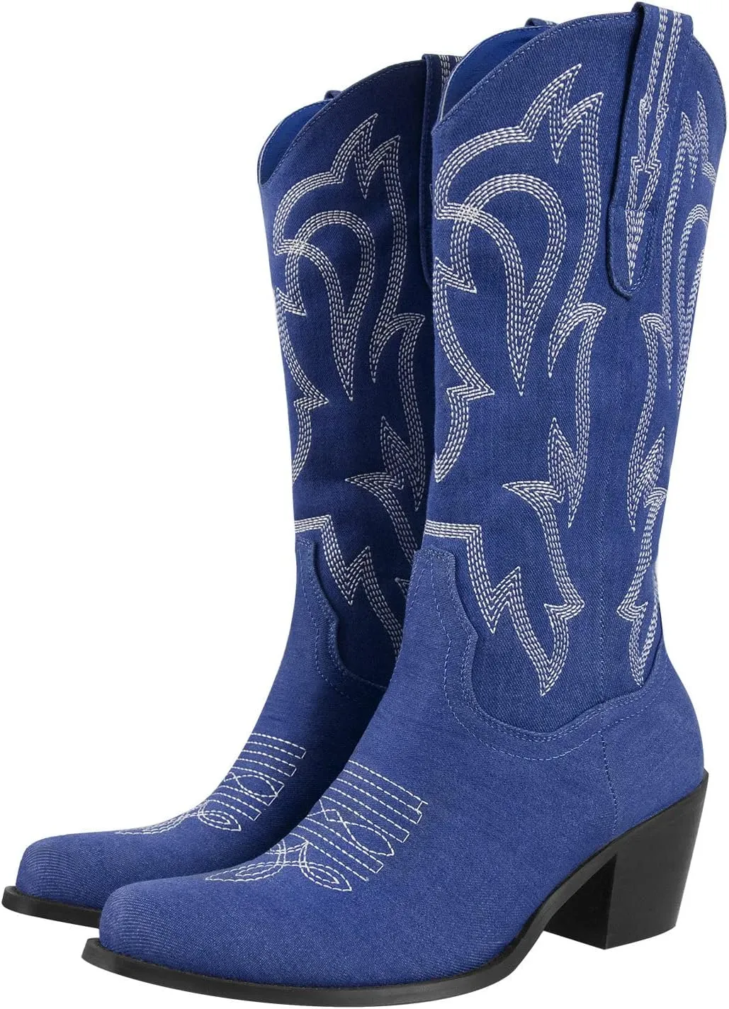 richealnini Women's Embroidered Cowboy Boots Pull On Mid Calf Boots Block Heel Denim Cowgirl Boots