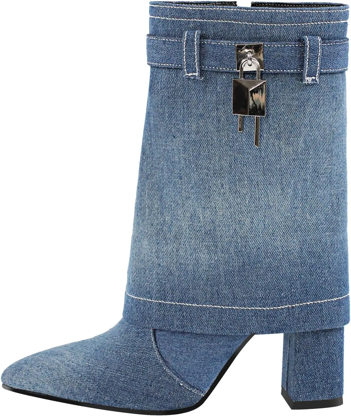 richealnini Women's Embroidered Cowboy Boots Pull On Mid Calf Boots Block Heel Denim Cowgirl Boots