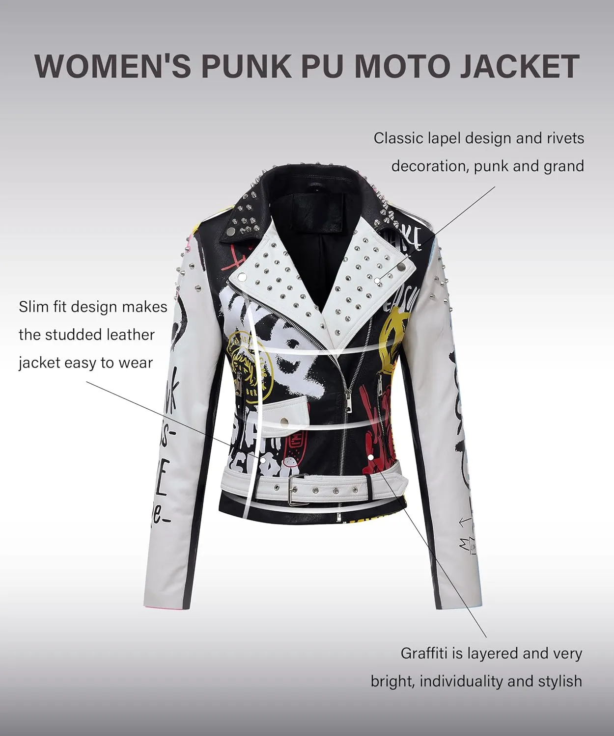 RISISSIDA Women Faux Leather Jacket Studded Rivet Spring Fall Winter Fashion, Moto Biker Trendy Clothes Streetwear Belted