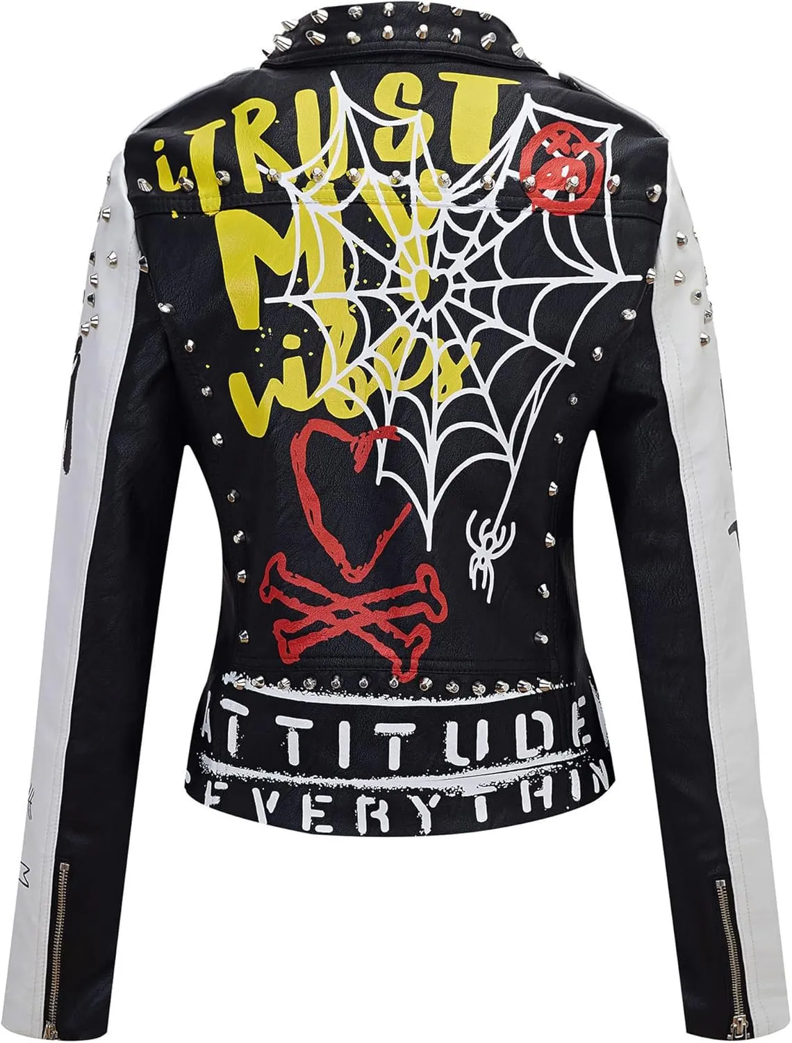 RISISSIDA Women Faux Leather Jacket Studded Rivet Spring Fall Winter Fashion, Moto Biker Trendy Clothes Streetwear Belted