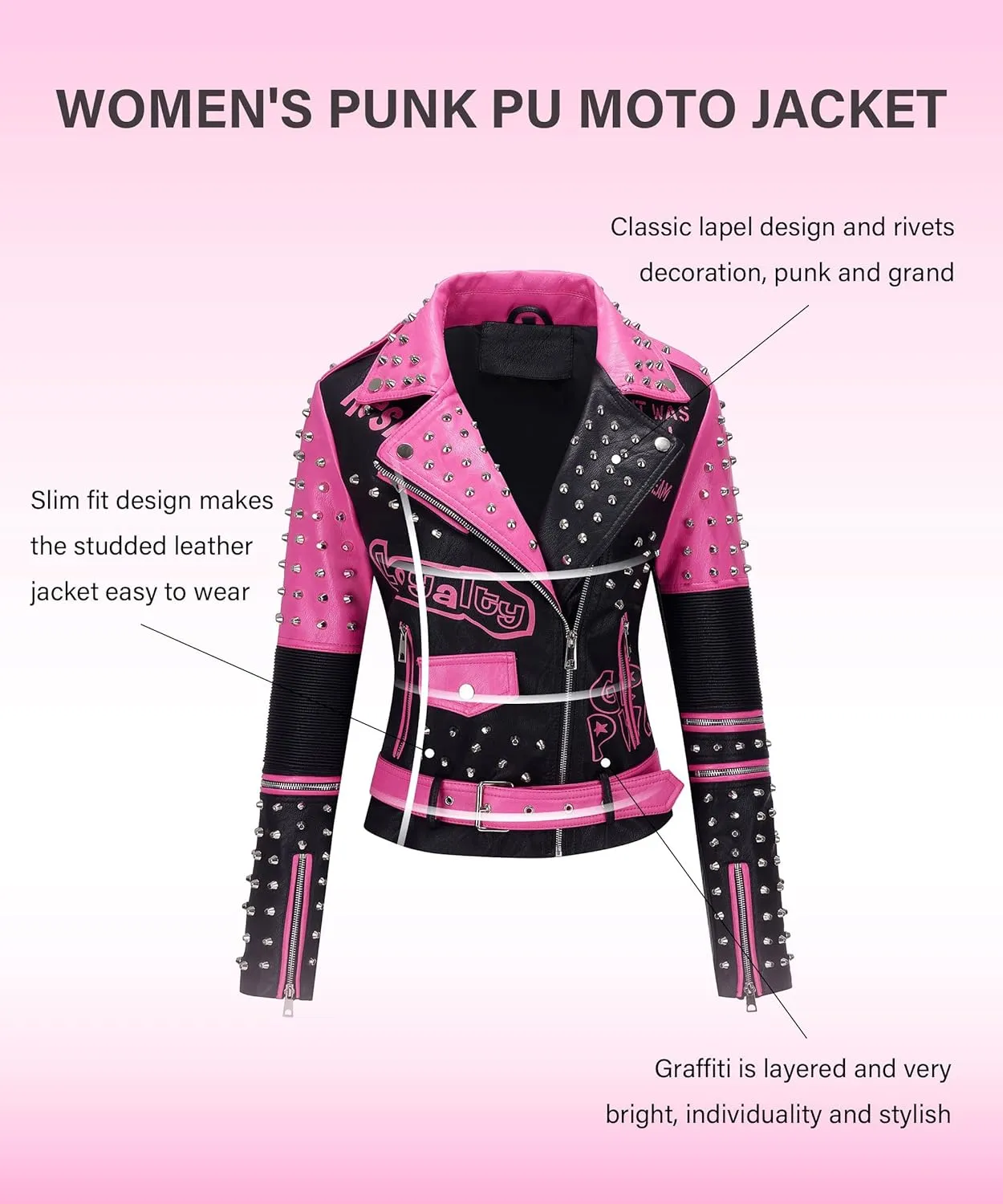 RISISSIDA Women Faux Leather Jacket Studded Rivet Spring Fall Winter Fashion, Moto Biker Trendy Clothes Streetwear Belted