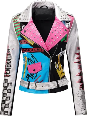 RISISSIDA Women Faux Leather Jacket Studded Rivet Spring Fall Winter Fashion, Moto Biker Trendy Clothes Streetwear Belted