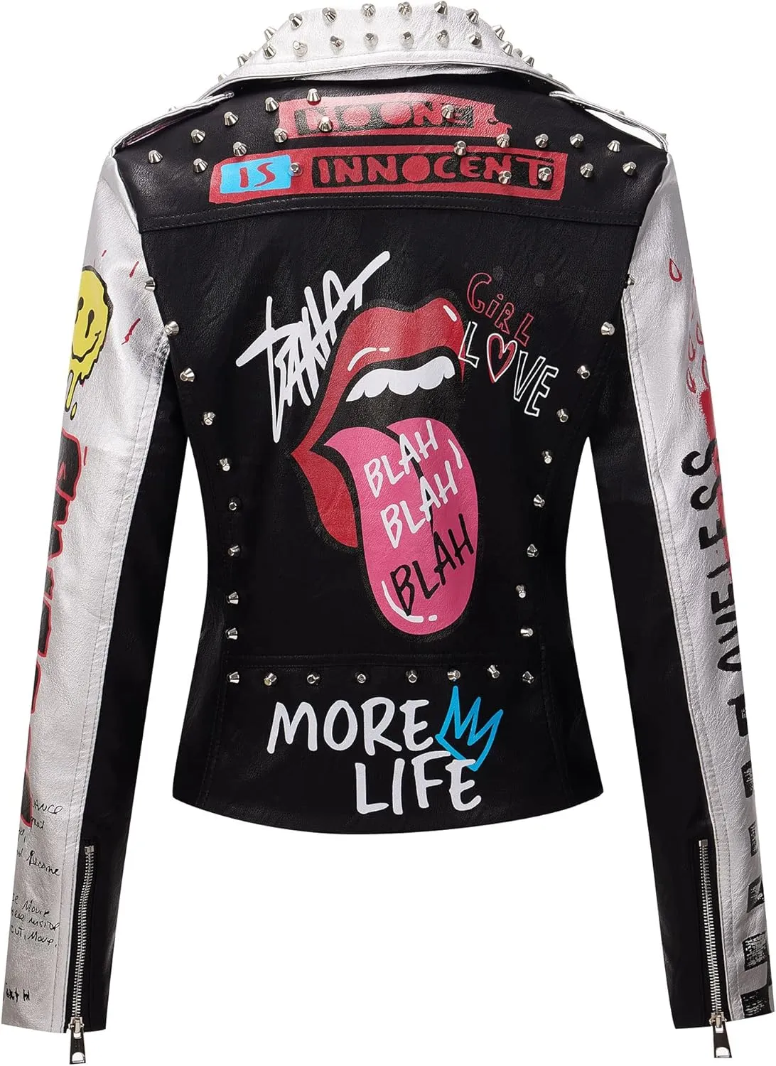 RISISSIDA Women Faux Leather Jacket Studded Rivet Spring Fall Winter Fashion, Moto Biker Trendy Clothes Streetwear Belted