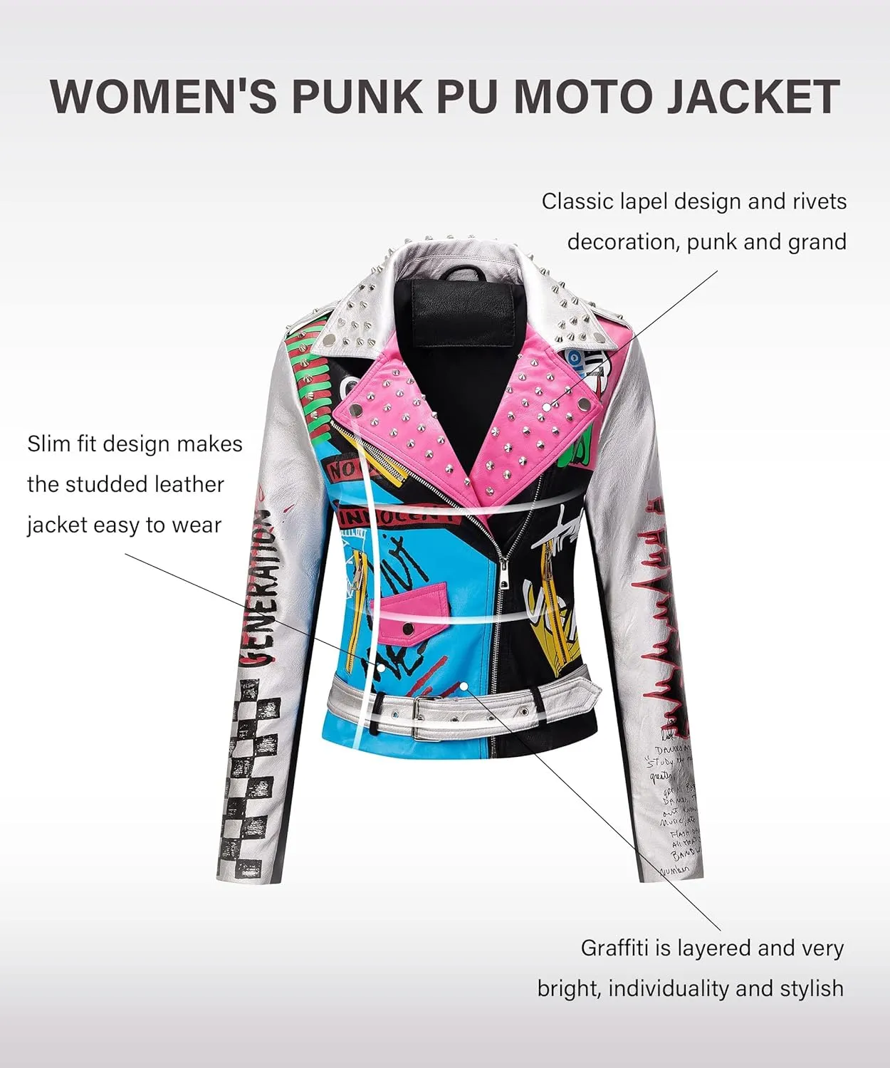 RISISSIDA Women Faux Leather Jacket Studded Rivet Spring Fall Winter Fashion, Moto Biker Trendy Clothes Streetwear Belted