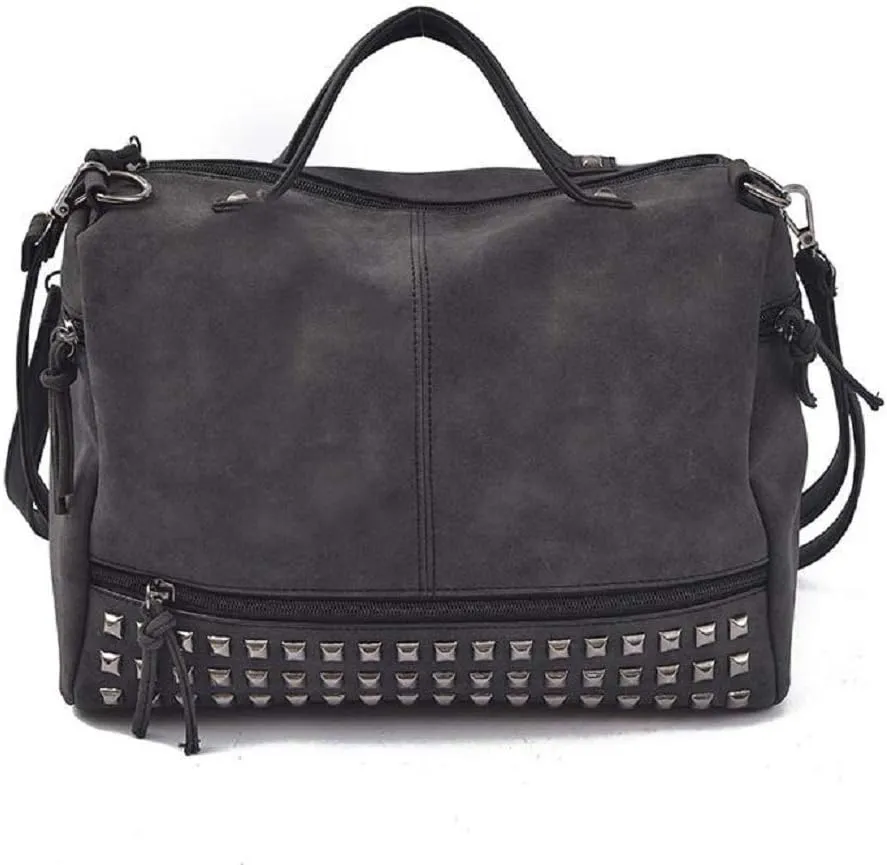 Ro Rox Arlina Studded Punk Handbag Suedette Slouchy Motorcycle Shoulder Bag, Dark Grey, One Size