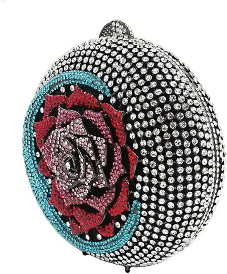 RomanticDesign Women Moon Flower Evening Bag Round Luxury Sparkly Rhinestone Bride Clutch Handbag Party Prom Banquet Purse