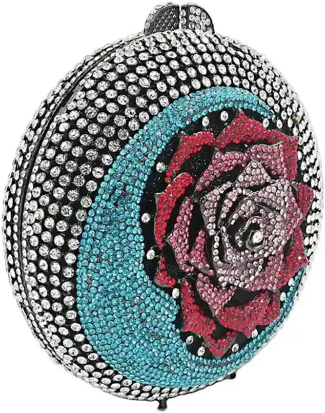 RomanticDesign Women Moon Flower Evening Bag Round Luxury Sparkly Rhinestone Bride Clutch Handbag Party Prom Banquet Purse