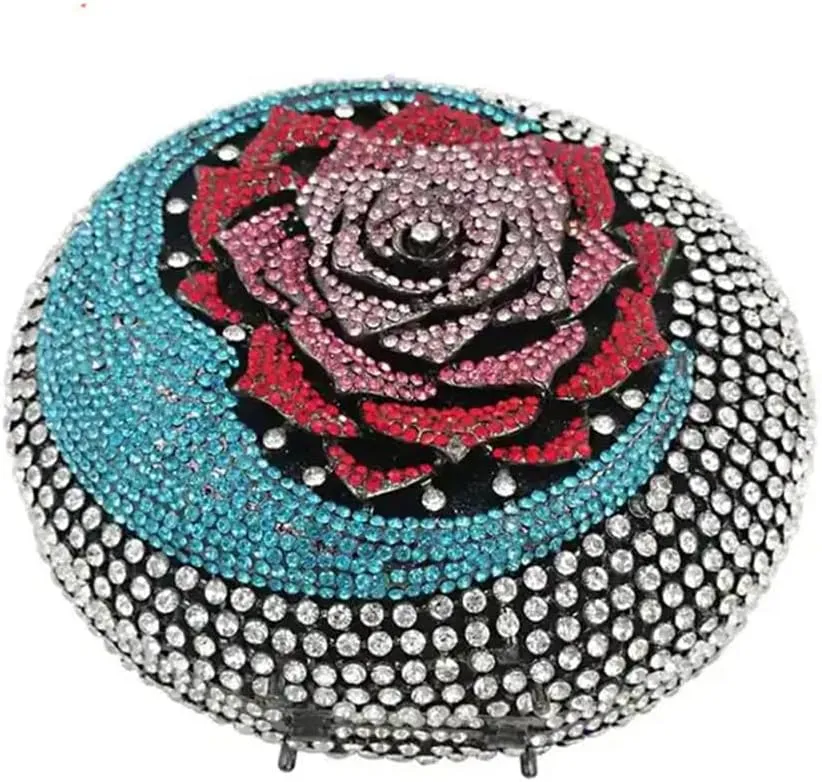 RomanticDesign Women Moon Flower Evening Bag Round Luxury Sparkly Rhinestone Bride Clutch Handbag Party Prom Banquet Purse