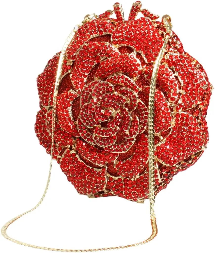 RomanticDesign Women Round Rose Flower Rhinestone Clutch Bag Elegant Crystal Bride Purse for Evening Party Prom Wedding