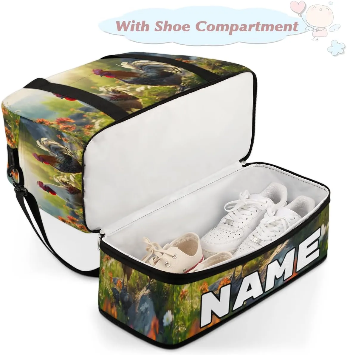Rooster Printed Custom Foldable Duffle Bag with Shoes Compartment Personalized Large Capacity Waterproof Travel Weekender Bag Overnight Bag for Sports Gym