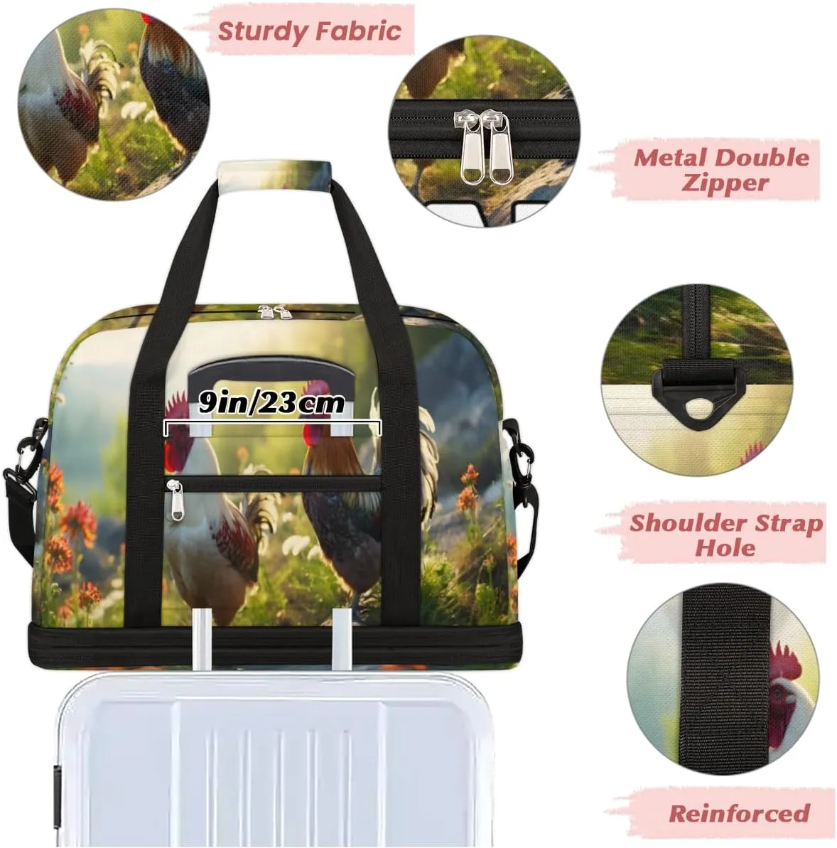 Rooster Printed Custom Foldable Duffle Bag with Shoes Compartment Personalized Large Capacity Waterproof Travel Weekender Bag Overnight Bag for Sports Gym
