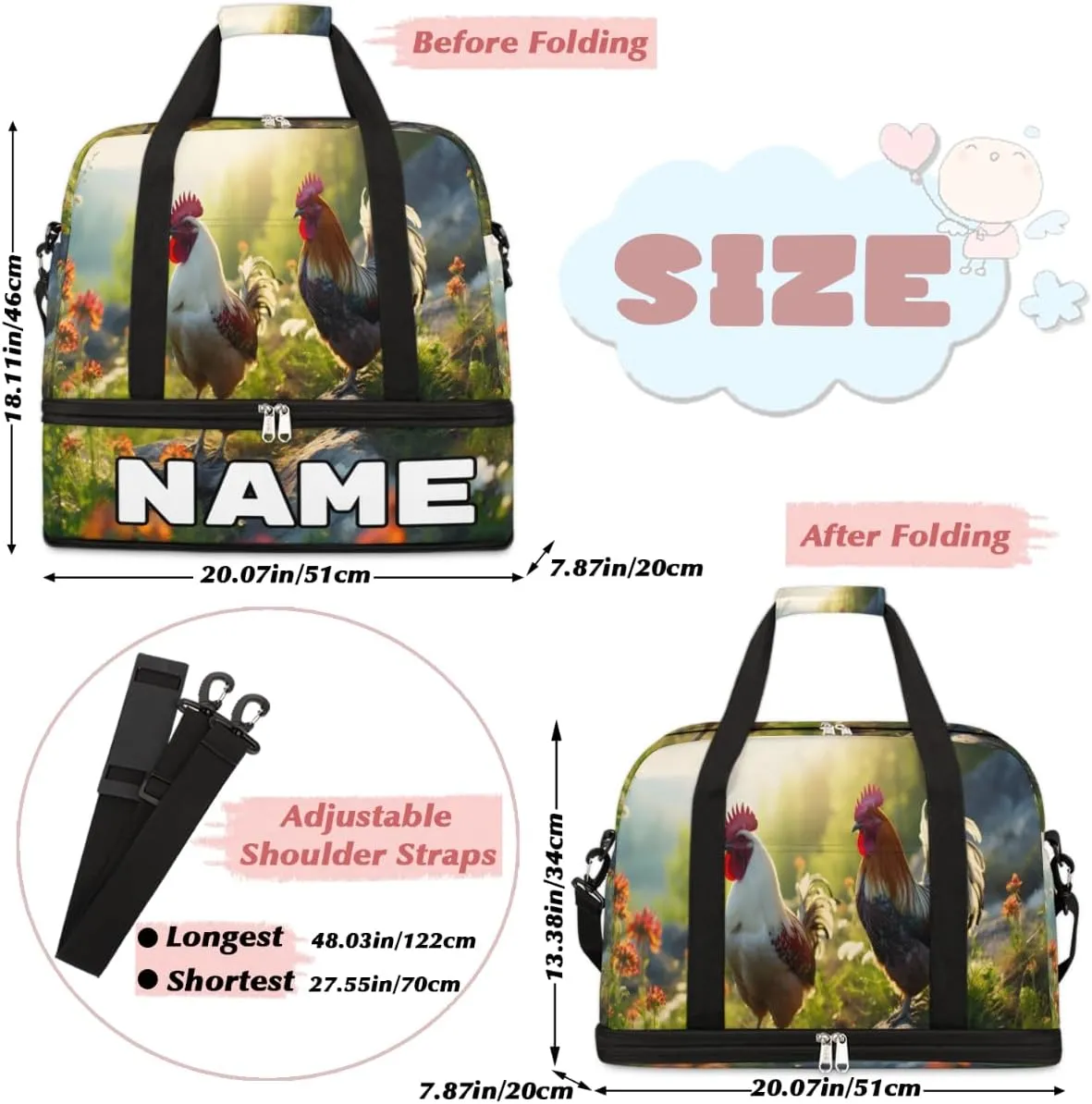 Rooster Printed Custom Foldable Duffle Bag with Shoes Compartment Personalized Large Capacity Waterproof Travel Weekender Bag Overnight Bag for Sports Gym