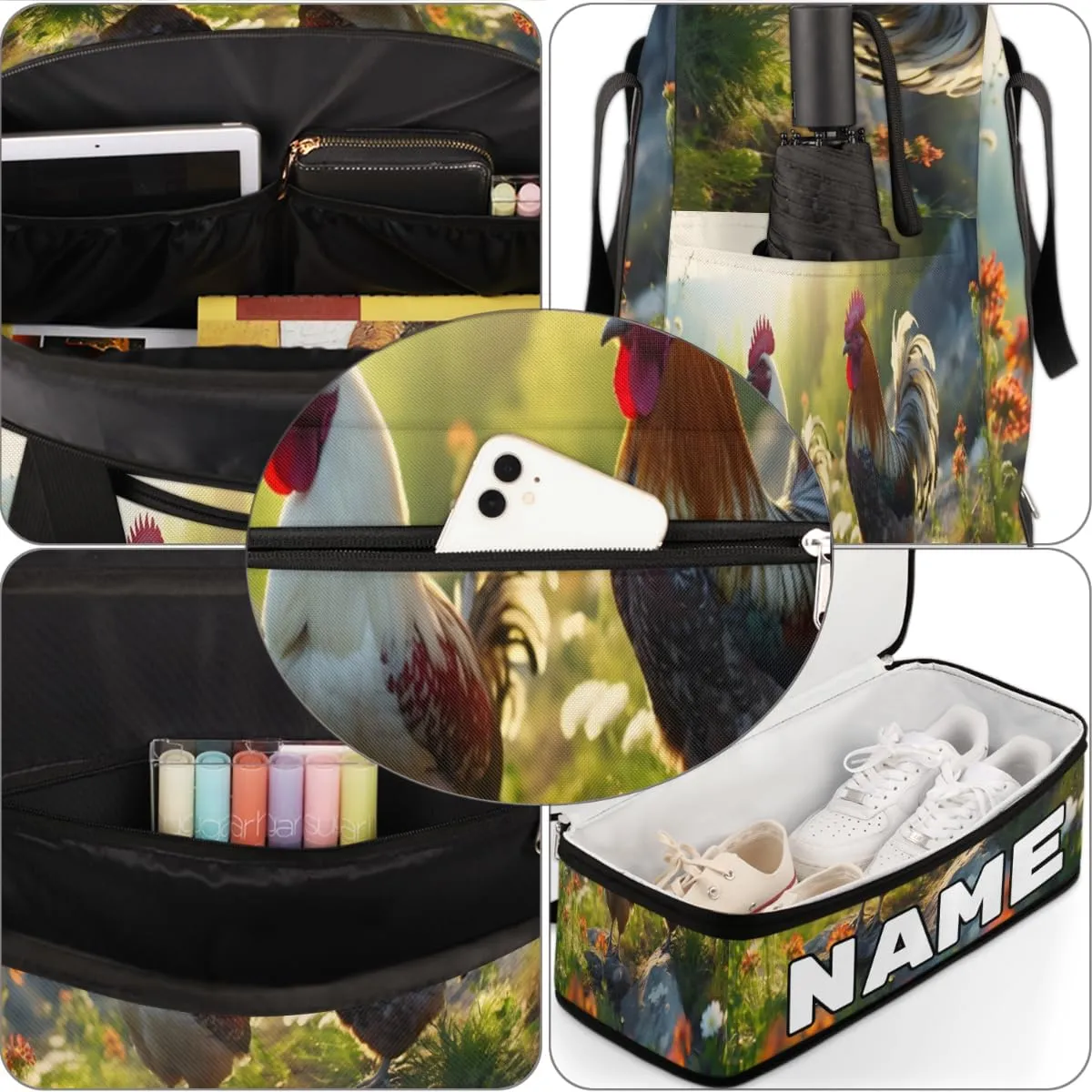 Rooster Printed Custom Foldable Duffle Bag with Shoes Compartment Personalized Large Capacity Waterproof Travel Weekender Bag Overnight Bag for Sports Gym