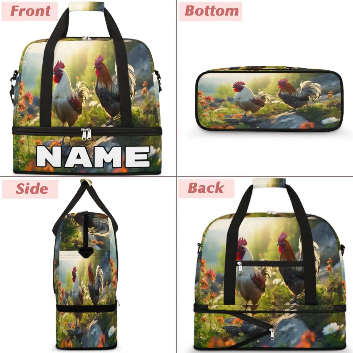 Rooster Printed Custom Foldable Duffle Bag with Shoes Compartment Personalized Large Capacity Waterproof Travel Weekender Bag Overnight Bag for Sports Gym