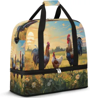 Rooster Printing Foldable Travel Duffel Bag Overnight Weekender Bag with Shoes Compartment Sports Gym Bag for Men Women