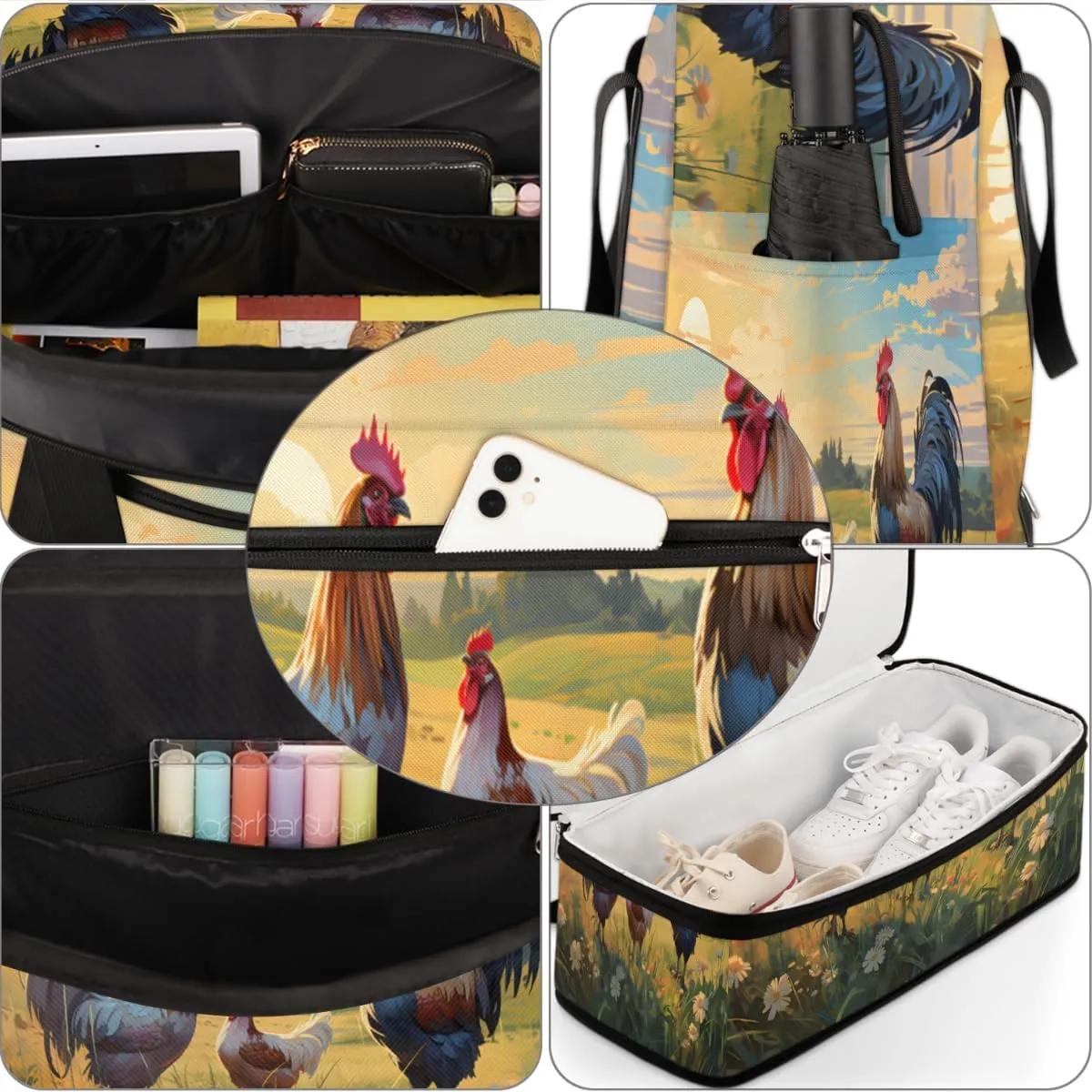 Rooster Printing Foldable Travel Duffel Bag Overnight Weekender Bag with Shoes Compartment Sports Gym Bag for Men Women