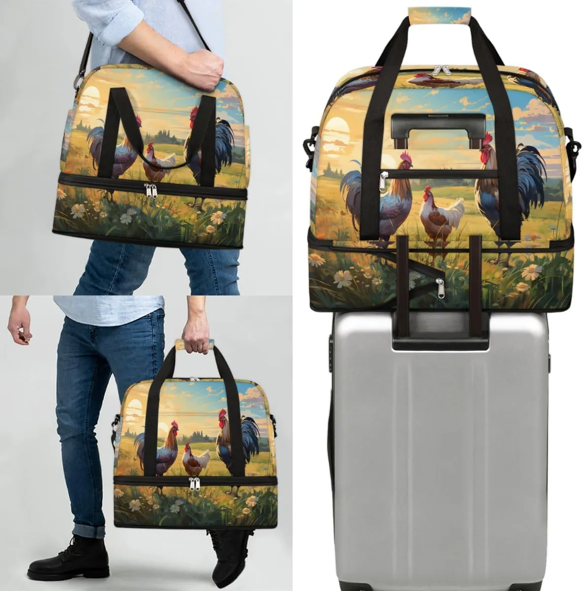 Rooster Printing Foldable Travel Duffel Bag Overnight Weekender Bag with Shoes Compartment Sports Gym Bag for Men Women